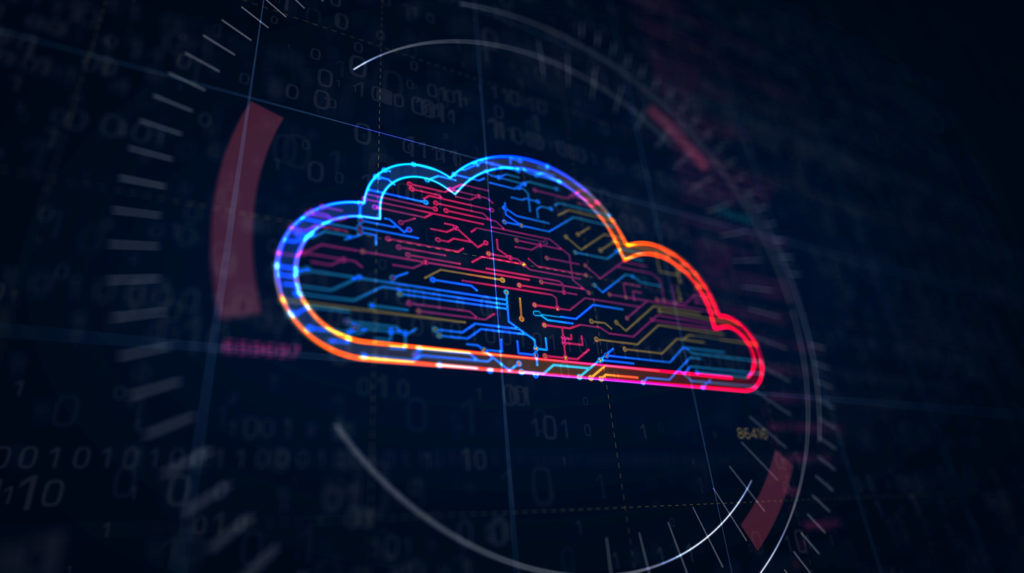 Cyber cloud symbol project creating. Abstract concept of data storage, database, computing, servers, archive and documents safety 3d illustration. Drawing digital scheme line of futuristic idea.